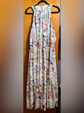 Nina Leonard Floral Tiered Maxi Dress in Pink, Green & Yellow, Size 1X